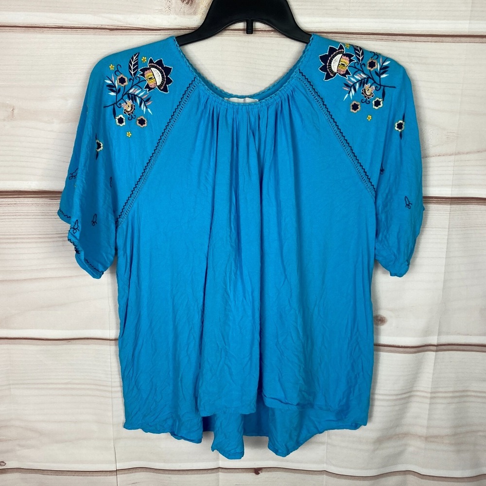Denim Moves Top Womens 1X Blue Embroidered‎ Sleeve Blouse Round Neck Pullover